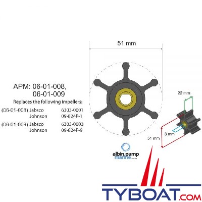 Albin Pump Marine - Turbine Nitrile Ø 51 mm - épaisseur 22 mm - 6 pales - axe méplat