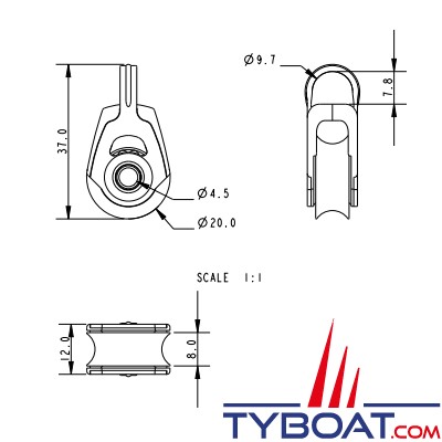 Allen - Dynamic 20 A2020TII - Poulie simple avec pont - cordage Ø 6mm