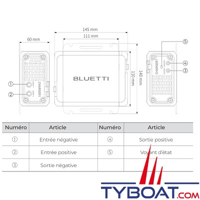 Bluetti - Chargeur DC 12/24 Volts - 560W pour station d'énergie (avec câble 5 mètres et disjoncteur 60 Ampères)