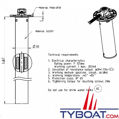 Veratron - Jauge tubulaire carburant - longueur 250 mm  - Ø 54mm  - 80/3 Ohms - non isolée