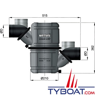 Vetus - Waterlock HEAVY DUTY type NLP50 S  (10 litres) Ø50 mm avec entrée et sortie orientables pour tuyau 50 mm