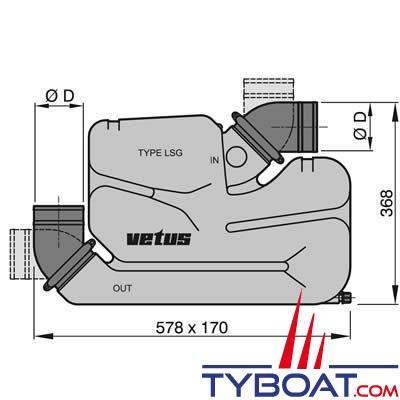 Vetus - Waterlock type LSG Ø 75mm 17L pour grande longueur d'échappement